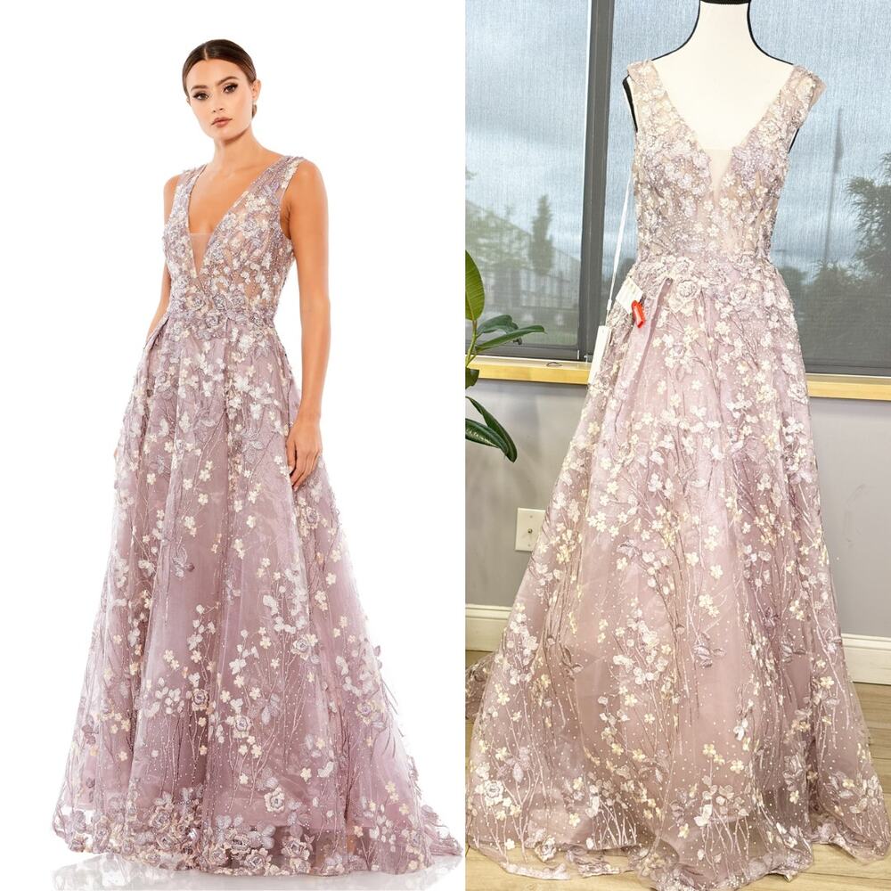 FLORAL EMBROIDERED ILLUSION V-NECK GOWN Size 4